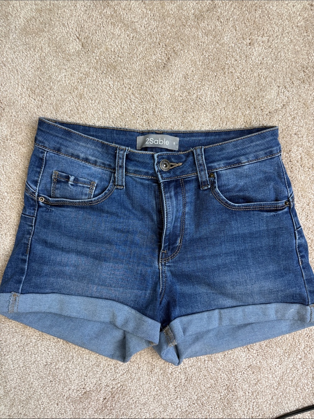2 Sable Denim Roll-Cuff Jean Shorts in Dark Blue